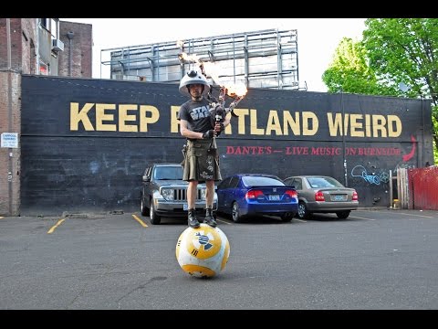Man Balances on BB-8 Droid and Plays Star Wars on Flame Shooting Bagpipes