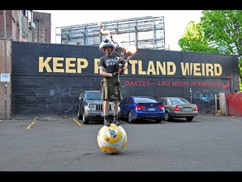 Man Balances on BB-8 Droid and Plays Star Wars on Flame Shooting Bagpipes