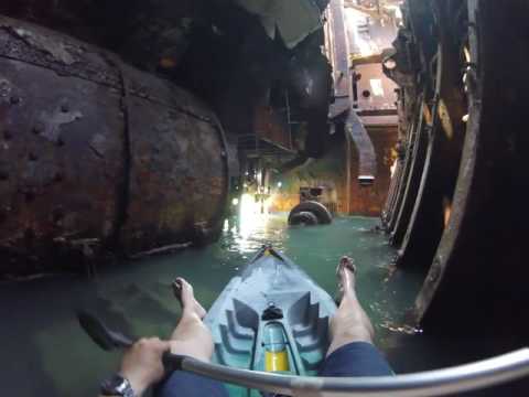 Kayaking inside an abandoned ship