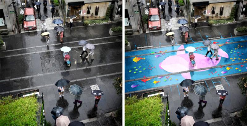 Straßen, die sich bei Regen in Kunstwerke verwandeln